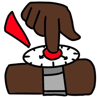 a dark brown hand tapping an analogue wristwatch with one finger. there is a red circle on the wristwatch where it is being tapped, and a red triangle to the upper left of the picture.